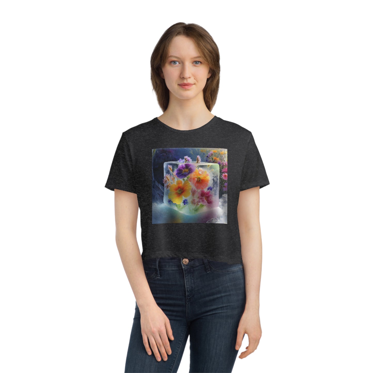 Women's Flowy Cropped Tee: Flower in Ice Cube