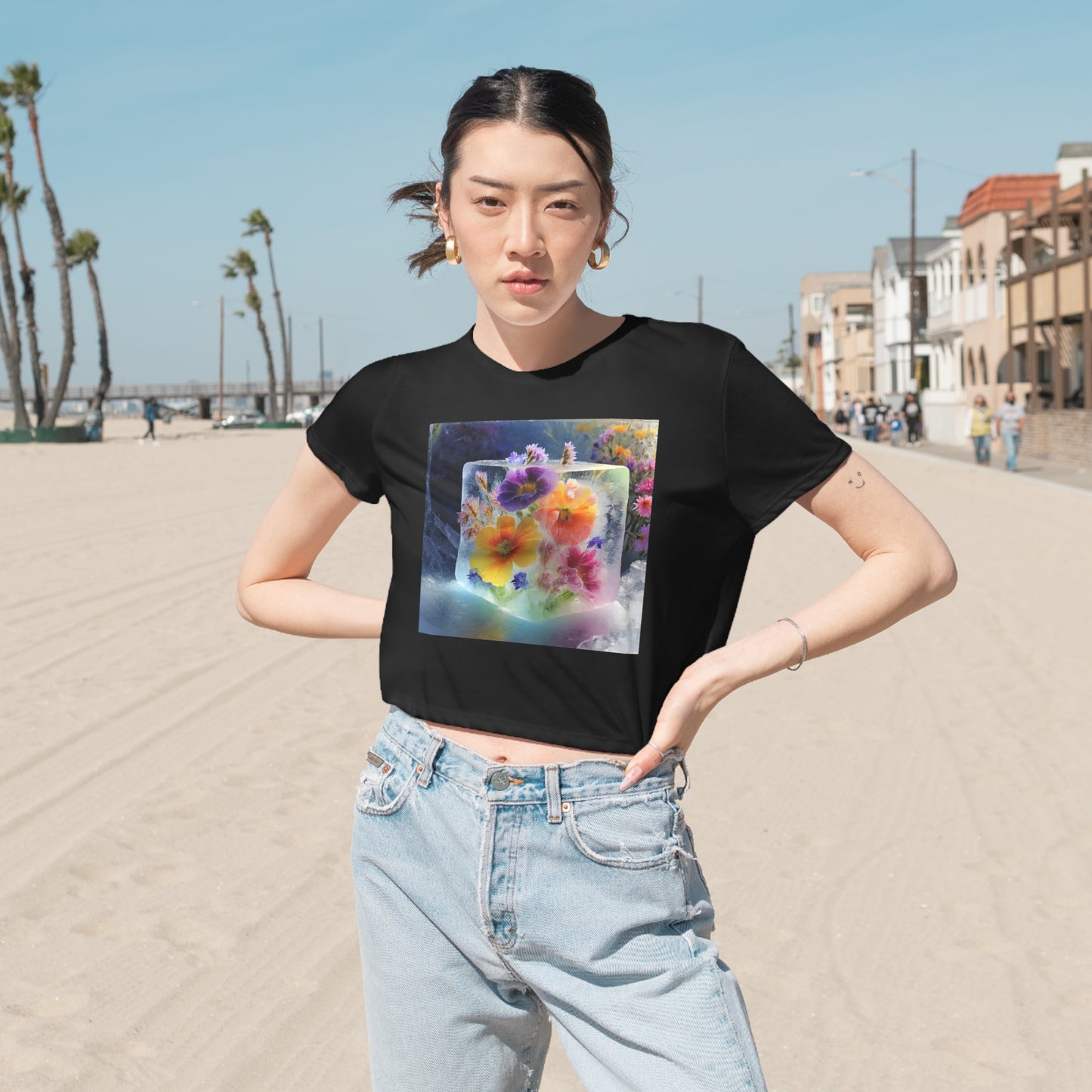 Women's Flowy Cropped Tee: Flower in Ice Cube