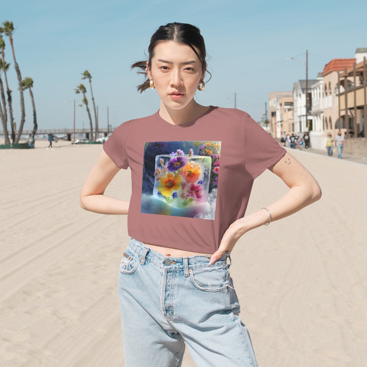 Women's Flowy Cropped Tee: Flower in Ice Cube