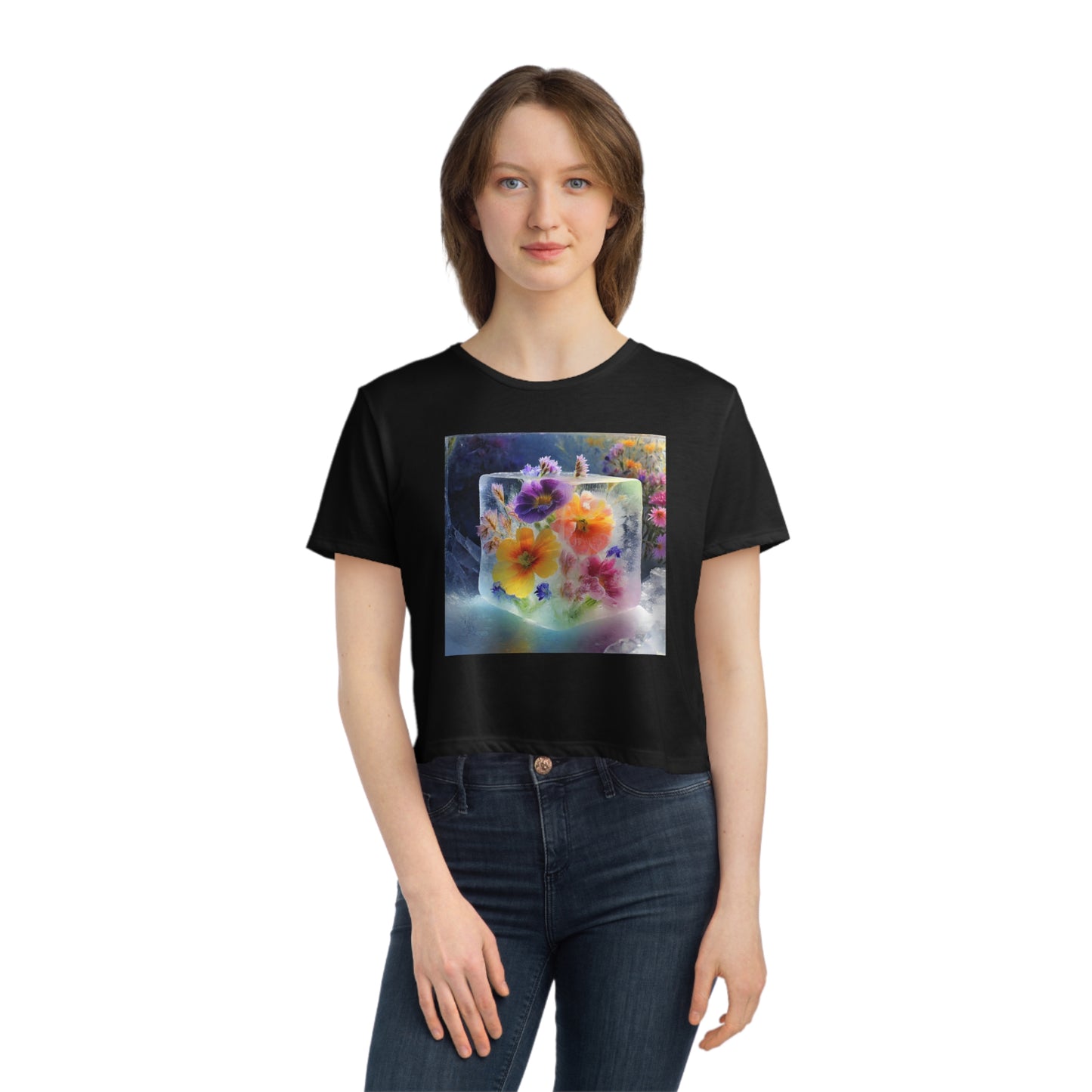 Women's Flowy Cropped Tee: Flower in Ice Cube