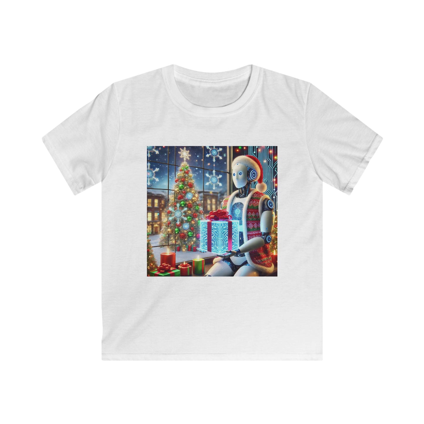 Festive Robot Kids Softstyle Tee for Holiday Cheer