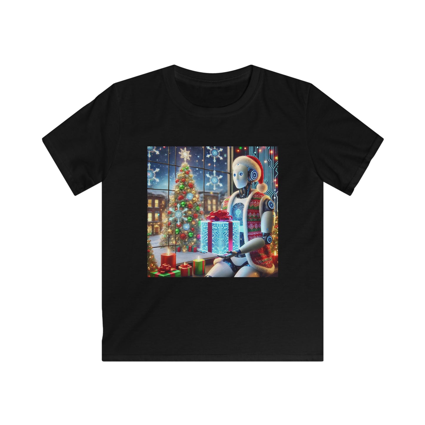 Festive Robot Kids Softstyle Tee for Holiday Cheer