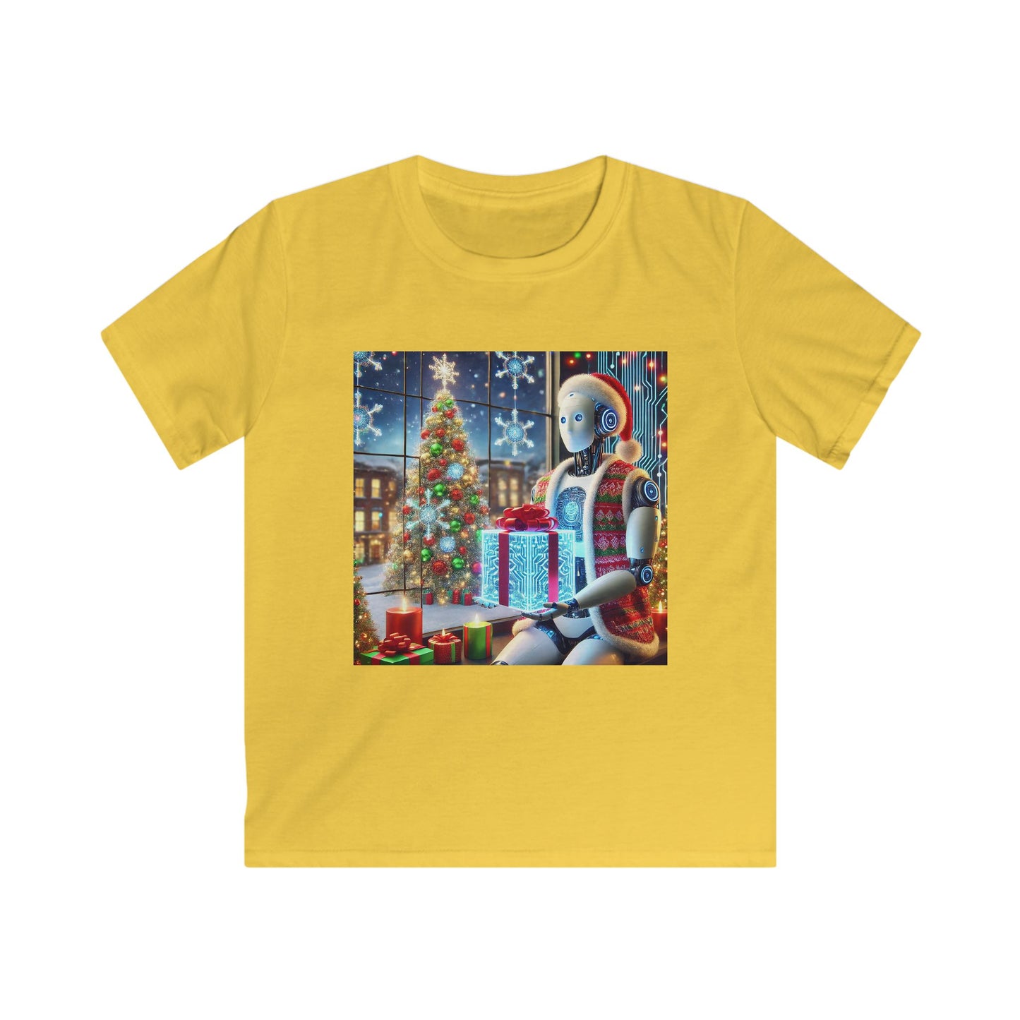 Festive Robot Kids Softstyle Tee for Holiday Cheer