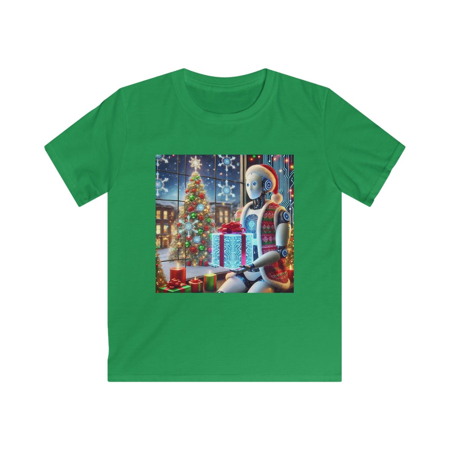 Festive Robot Kids Softstyle Tee for Holiday Cheer