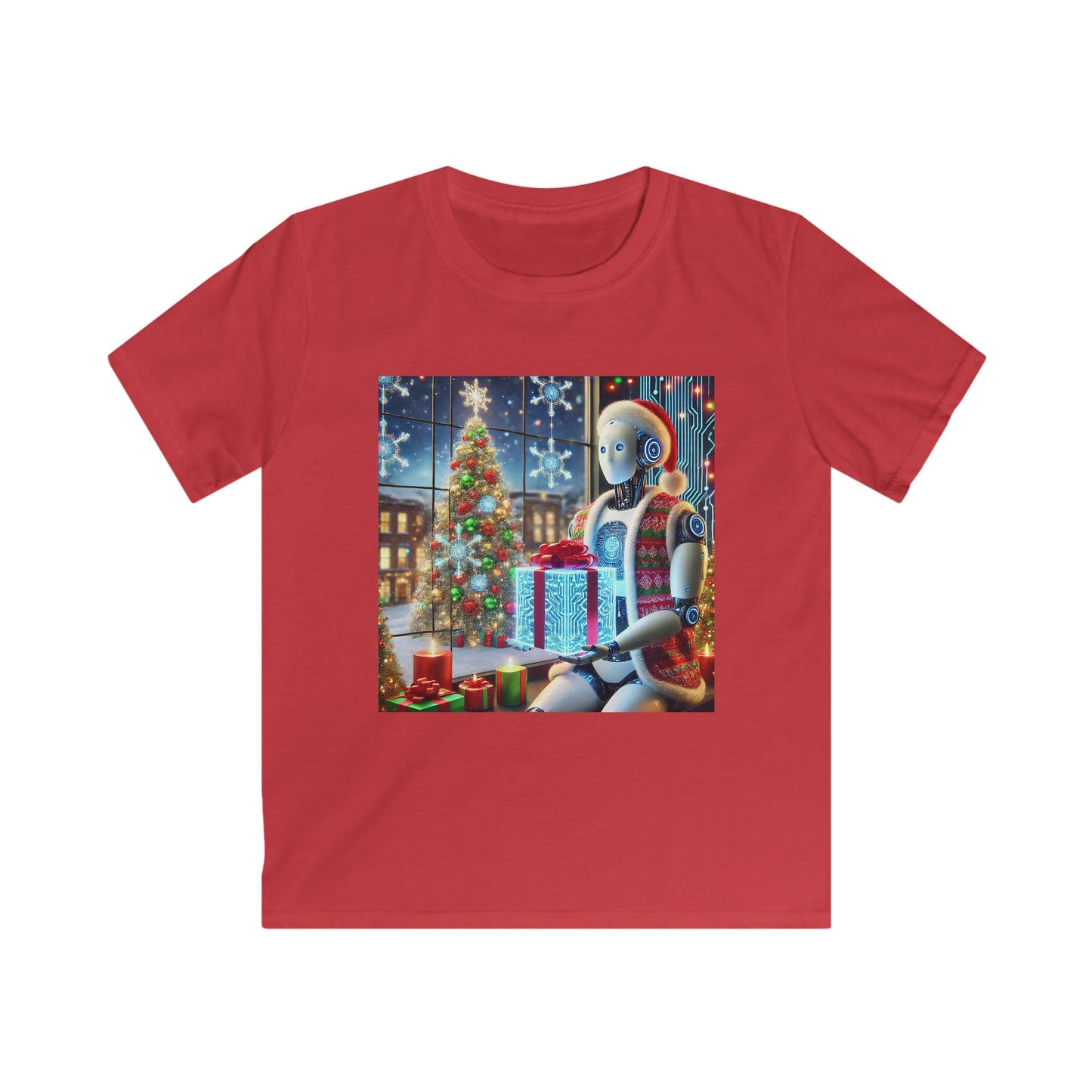 Festive Robot Kids Softstyle Tee for Holiday Cheer
