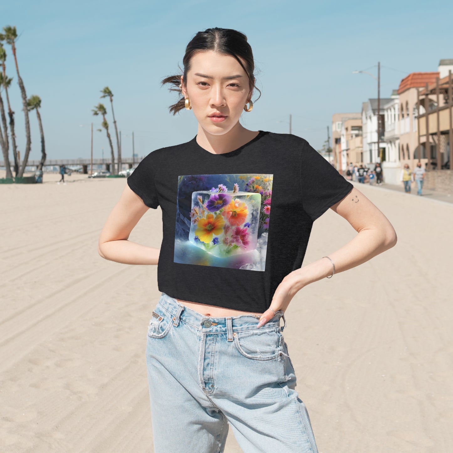 Women's Flowy Cropped Tee: Flower in Ice Cube