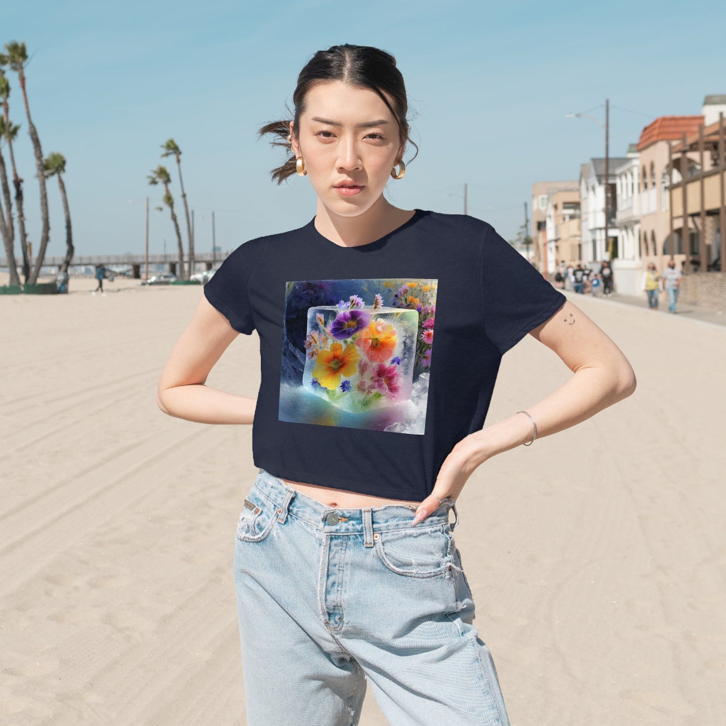 Women's Flowy Cropped Tee: Flower in Ice Cube