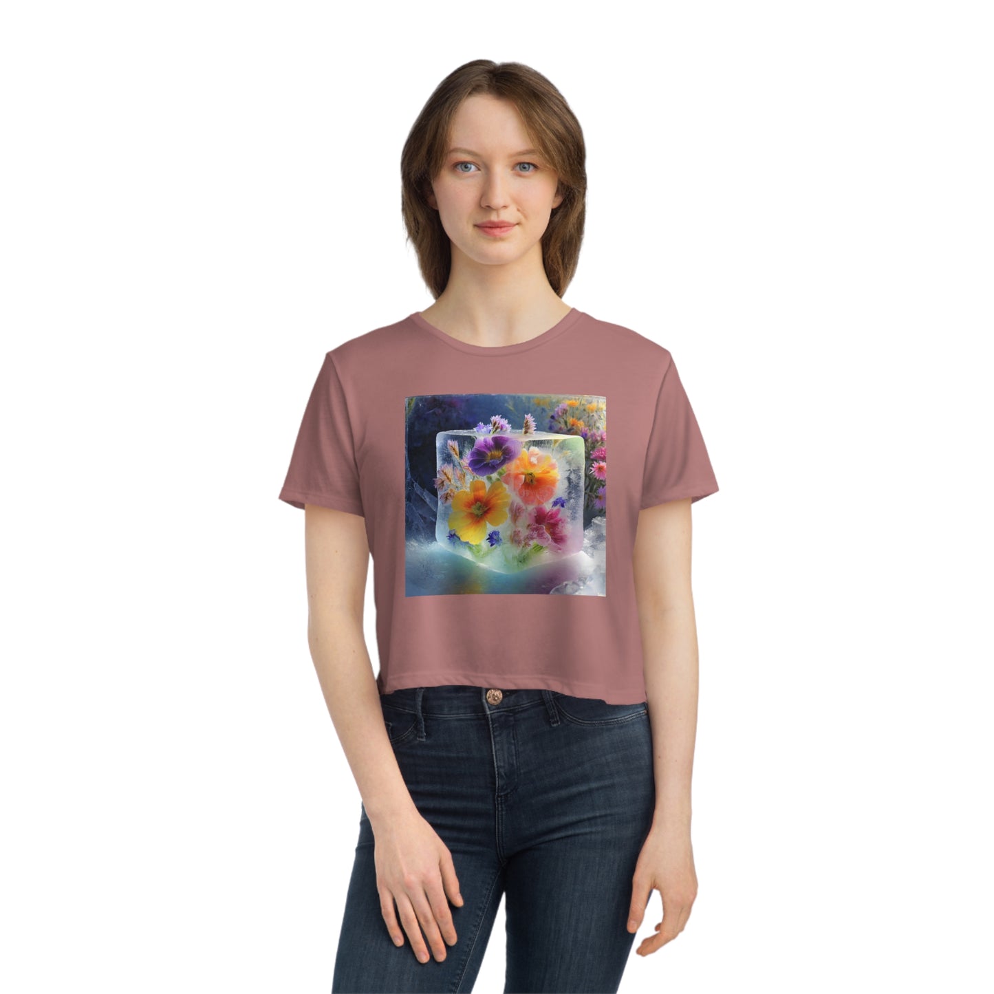 Women's Flowy Cropped Tee: Flower in Ice Cube