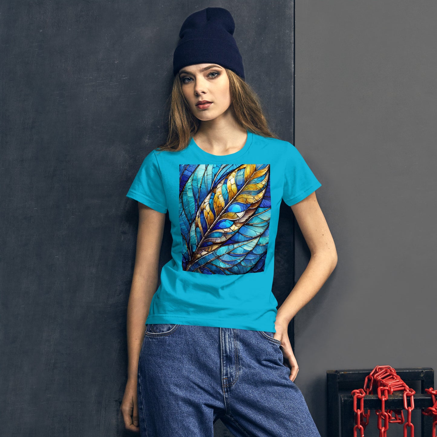 Women's short sleeve t-shirt: feather stained glass,