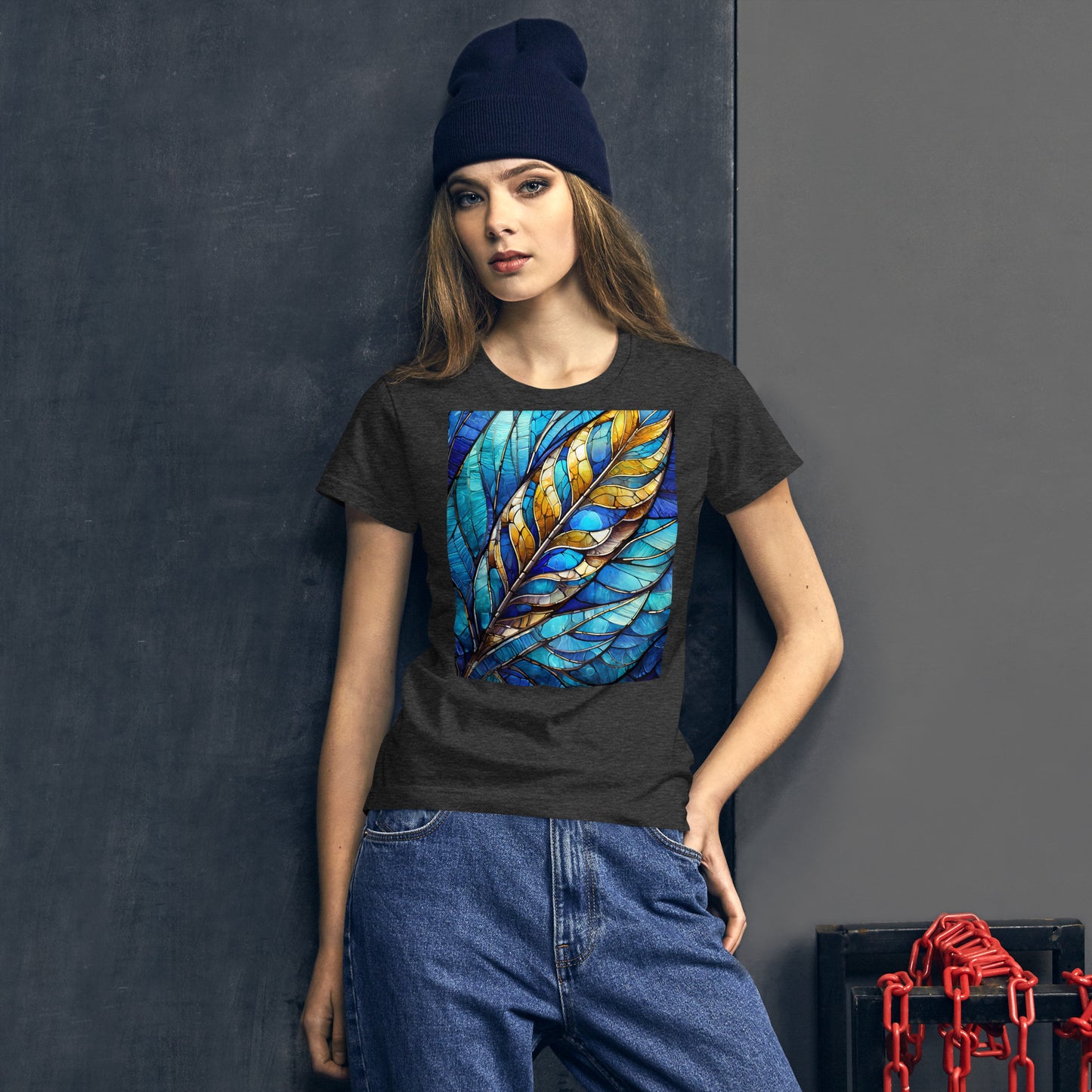 Women's short sleeve t-shirt: feather stained glass,