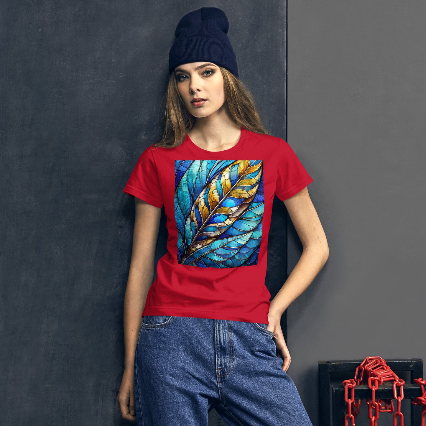 Women's short sleeve t-shirt: feather stained glass,