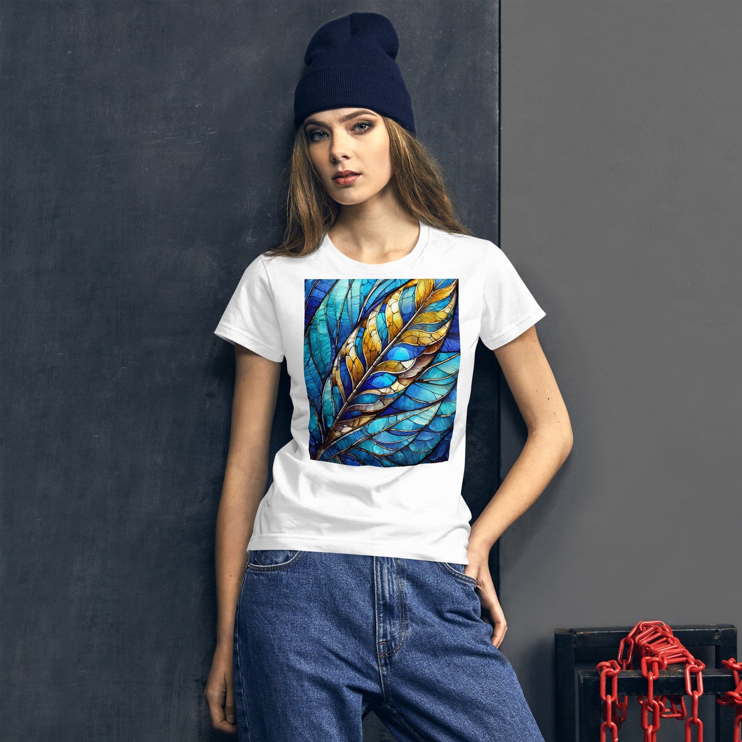 Women's short sleeve t-shirt: feather stained glass,